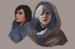  ana_(overwatch) black_hair braid dark_skin eyepatch facial_tattoo grey_hair hijab hood julia_antoinette looking_at_viewer mother_and_daughter multiple_girls old_woman overwatch pharah_(overwatch) smile tattoo 