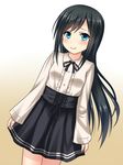  alternate_costume asashio_(kantai_collection) black_hair blue_eyes commentary_request gradient gradient_background hanazome_dotera kantai_collection light_smile long_hair long_sleeves looking_at_viewer meme_attire neck_ribbon pleated_skirt ribbon simple_background skirt solo virgin_killer_outfit 