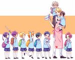  akehoshi_subaru apron backpack bag carrying character_doll child ensemble_stars! fushimi_yuzuru hidaka_hokuto himemiya_touri isara_mao kanzaki_souma kina_(446964) male_focus multiple_boys narukami_arashi oogami_koga otogari_adonis shoulder_carry sidelocks sleeping toy_sword trickstar younger yuuki_makoto_(ensemble_stars!) 