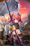  artist_request axe bangs belt blurry blurry_background blush boots bow bracer braid capelet cloud flat_chest grand_sphere grass hair_between_eyes hair_ornament highres kneehighs multicolored multicolored_eyes rock short_sleeves short_twintails shorts sitting solo sunset twintails weapon 