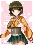  :&lt; bangs black_eyes blush breast_press breasts brown_hair closed_mouth cowboy_shot eyebrows eyebrows_visible_through_hair flying_sweatdrops gloves hakama_skirt hiryuu_(kantai_collection) japanese_clothes kantai_collection kimono large_breasts looking_at_viewer motion_lines multicolored multicolored_background partly_fingerless_gloves short_hair single_glove solo suzuki_toto twitter_username two-tone_background wide_sleeves yugake 