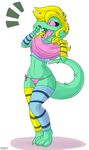  2016 absurd_res alligator anthro black_eyes blonde_hair bratty_(undertale) clothed clothing crocodilian female hair hi_res legwear lipstick long_hair midriff open_mouth panties pink_sclera reptile scalie simple_background skoon slit_pupils solo striped_legwear stripes tongue undertale underwear video_games white_background 