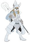  anthro armor buckteeth clothed clothing female hornedfreak lagomorph looking_at_viewer mammal melee_weapon polearm rabbit simple_background smile solo standing teeth trident weapon white_background 