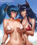  ahri animal_ears artist_name badcompzero bangs bikini black_hair blue_eyes blue_nails blush bracelet breast_grab breasts cleavage closed_mouth cloud collarbone day deep_skin facial_mark fox_ears grabbing grin hair_between_eyes hair_ornament jewelry large_breasts league_of_legends lips long_hair looking_at_another multiple_girls nail_polish navel pink_nails shiny shiny_skin signature sky slit_pupils smile sona_buvelle strap_gap string_bikini swimsuit twintails underboob upper_body very_long_hair watermark web_address whisker_markings white_bikini yellow_eyes 