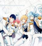  ;) ahoge ascot blonde_hair blue_hair bow bowtie braid ensemble_stars! epaulettes feathers fine_(ensemble_stars!) formal fushimi_yuzuru green_eyes hat hibiki_wataru highres himemiya_touri hug isago_(ica) long_hair looking_at_viewer male_focus mini_hat mini_top_hat mole mole_under_eye multiple_boys one_eye_closed parted_lips pink_hair purple_eyes purple_hair short_hair sidelocks smile staff_(music) suit tenshouin_eichi tile_floor tiles top_hat vest waist_hug waistcoat white_suit 