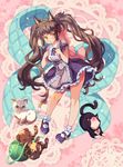  &gt;_&lt; animal_ears backpack bag blue_eyes blush brown_eyes brown_hair cat cat_ears closed_eyes collar collared_dress dress frilled_dress frilled_legwear frills full_body heart lace_background leaning_forward long_hair looking_at_viewer looking_up mary_janes nyangnyang open_mouth original pink_background purple_dress purple_footwear shoes short_sleeves socks solo twintails very_long_hair white_legwear wing_collar yarn yarn_ball 