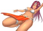  :d anklet arm_above_head bracelet breasts circlet cleavage dark_skin dragon_quest dragon_quest_iv earrings jewelry kureha_(ironika) large_breasts leg_up long_hair manya open_mouth pelvic_curtain purple_eyes purple_hair smile solo sweat thighlet 