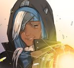  albusanguis ana_(overwatch) braid dark_skin eyepatch facial_tattoo firing firing_at_viewer grey_hair headband highres hijab hood overwatch smile smirk solo tattoo 