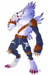  anthro digimon ear_piercing fangs gabumon half-closed_eyes hornedfreak looking_at_viewer male nipples piercing scar simple_background solo standing teeth white_background 