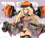  adapted_costume anchor arm_up bangs bare_shoulders between_breasts bismarck_(kantai_collection) black_panties blonde_hair blue_eyes blush breasts broom broom_riding brown_gloves character_name cleavage closed_mouth collarbone cowboy_shot detached_sleeves eyebrows eyebrows_visible_through_hair gloves hair_between_eyes halloween hand_on_headwear hat holding jack-o'-lantern kantai_collection large_breasts long_hair looking_at_viewer military military_uniform navel orange_ribbon panties peaked_cap ribbon rigging sidelocks sleeve_cuffs smile solo stomach striped striped_background suzuki_toto thighhighs twitter_username underwear uniform 