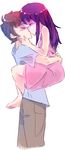  1girl bare_shoulders brown_hair carrying closed_eyes couple dress hand_on_another's_cheek hand_on_another's_face hetero hug ikezawa_hanako katawa_shoujo kiss leg_lock long_hair nakai_hisao pink_dress purple_hair rtil short_hair simple_background sketch white_background 