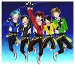  ahoge aqua_hair black_hair brown_hair ensemble_stars! fingerless_gloves full_body gloves green_hair highres jumping male_focus morisawa_chiaki multicolored_hair multiple_boys nagumo_tetora nyon_(anny0312) pointing pointing_up ryuuseitai sengoku_shinobu shinkai_kanata smile space star streaked_hair takamine_midori 