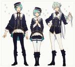  alternate_costume aqua_hair blue_hair blush boots braid closed_eyes color_connection contrapposto cross-laced_footwear ensemble_stars! full_body hair_bun hair_color_connection hibiki_wataru knee_boots long_hair male_focus multiple_boys purple_eyes shinkai_kanata shino_hajime smile sparkle standing white_legwear zangyaacco 