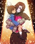  1other androgynous bad_id bad_twitter_id black_hair brown_hair carrying commentary cyborg frisk_(undertale) gloves grin hair_over_one_eye jitome mettaton mettaton_ex norasame_(dagako) pink_eyes smile socks solid_circle_eyes sparkle thick_thighs thighs undertale white_gloves 