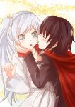  2girls bangs black_dress black_hair blue_eyes cape cheek_kiss collarbone dress eyebrows_visible_through_hair eyes_closed jewelry kiss long_hair long_sleeves moai_(moai_world) multiple_girls necklace red_cape ruby_rose rwby shiny shiny_hair short_hair side_ponytail silver_hair swept_bangs triangle_mouth very_long_hair weiss_schnee white_dress 