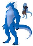  anthro blue_skin claws clothed clothing digitigrade dragon featureless_crotch hair horn hornedfreak looking_at_viewer male nude open_shirt scalie simple_background sine_ferlong smile solo standing teeth white_hair 
