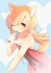  1girl animal_ear_fluff animal_ears blonde_hair blue_background bracelet candy commentary_request dress food fox_ears fox_tail futaba_akane heart heart_background jewelry licking lollipop long_hair looking_at_viewer naomi_(sekai_no_hate_no_kissaten) one_eye_closed original pink_eyes solo tail tongue tongue_out 