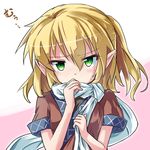  annoyed blonde_hair blush covering_mouth green_eyes half_updo looking_at_viewer lowres mizuhashi_parsee pointy_ears robe ryogo scarf short_hair solo sweat tears touhou translated upper_body 