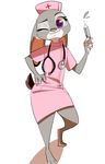  artrockt clothed clothing cosplay disney female hand_on_hip judy_hopps lagomorph looking_at_viewer mammal nurse one_eye_closed rabbit simple_background stethoscope syringe wink zootopia 