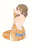  3four back bare_shoulders brown_eyes brown_hair coppelion flower hair_flower hair_ornament japanese_clothes kimono long_hair looking_at_viewer looking_back no_bra ozu_kanon parted_lips smile solo white_background 