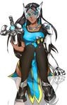  black_hair black_legwear breasts brown_eyes collarbone dark_skin dress earrings forehead_jewel full_body highres holding holding_weapon jewelry knees_together_feet_apart kowalu lips long_hair looking_at_viewer mechanical_arm mole mole_above_mouth overwatch reflection reflective_floor simple_background sitting small_breasts solo symmetra_(overwatch) thighhighs visor weapon white_background 