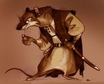  anthro armello bottomless clothed clothing coin ear_piercing featureless_crotch fortunatafox fur male mammal melee_weapon mercurio_(armello) monochrome piercing rat rodent sepia solo sword weapon 