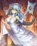  angelmaster arm_up armpits bangs bare_shoulders blue_hair braid breasts bridal_veil building castle cleavage company_name copyright_name dress elbow_gloves fire flower gloves glowing hair_between_eyes hair_flower hair_ornament holding holding_wand holding_weapon large_breasts leaf long_hair looking_at_viewer official_art ros sera_(angelmaster) single_braid skirt_hold smoke solo veil very_long_hair wand weapon wedding_dress white_gloves yellow_eyes 