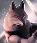  2016 anthro armello armor black_nose bracers canine clothed clothing fur grey_fur looking_at_viewer male mammal melee_weapon solo sword thane_(armello) tragobear weapon wolf 