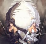  black_dress black_hair black_wings breasts chain character_name cleavage collarbone dress dual_persona elbow_gloves gloves green_eyes hair_ornament highres jewelry large_breasts long_hair metatron_(soccer_spirits) neck_ring purple_eyes signature soccer_spirits standing tooaya white_dress white_hair white_wings wings 