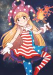  american_flag_dress american_flag_legwear blonde_hair blush closed_mouth clownpiece dress fire gloves hat hituzirobo jester_cap long_hair looking_at_viewer neck_ruff pantyhose pointy_ears polka_dot red_eyes short_dress sleeveless sleeveless_dress smile solo standing standing_on_one_leg star star_print striped striped_legwear torch touhou white_gloves 