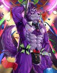  abs bulge canine chest_tuft dancing fur male mamaduo mammal money muscular necktie nipples purple_fur stripper tuft wolf 