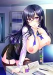  1girl areolae bent_over black_legwear blue_hair blush breast_rest breasts breasts_outside collarbone computer desk female garter_straps glasses hanging_breasts huge_breasts lingerie long_hair looking_at_viewer matsunami_rumi milf miniskirt nipples no_bra office office_lady original puffy_nipples purple_eyes side_slit skirt solo standing thighhighs thighs 
