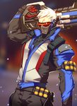  assault_rifle belt_pouch explosive face_mask gloves grenade gun highres jacket lvlv male_focus mask overwatch pouch rifle scar scar_across_eye soldier:_76_(overwatch) solo visor weapon 