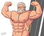  1boy abs beard facial_hair looking_at_viewer male_focus msucle muscle nipples overwatch pecs reinhardt_(overwatch) scar smile solo tagme 