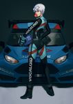  absurdres ass blue_eyes bubble_blowing car chewing_gum clothes_writing ford ford_fiesta_rs gloves ground_vehicle helmet highres leonidas_sun looking_at_viewer looking_back makeup mascara motor_vehicle pilot_suit short_hair silver_hair solo vocaloid vocanese yanhe 