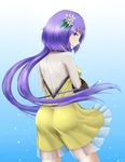  1girl ass blush dress flower from_behind hair_flower hair_ornament large_breasts long_hair long_sleeves looking_at_viewer looking_back lute open_mouth parted_lips purple_eyes purple_hair shirt solo touhou tsukumo_benben twintails very_long_hair yellow_dress 