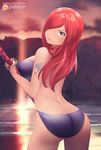  ass bare_arms bare_shoulders beach bikini blue-senpai blush breasts deviantart erza_scarlet fairy_tail katana large_breasts legs lips long_hair looking_at_viewer looking_back patreon_logo patreon_username red_eyes red_hair shiny smile solo swimsuit sword tattoo thighs water watermark weapon web_address 