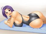  ahoge ass bare_shoulders beach breasts competition_swimsuit derivative_work huge_breasts idolmaster idolmaster_(classic) kawanuma_uotsuri looking_at_viewer lying miura_azusa nail_polish on_side one-piece_swimsuit purple_hair red_eyes sideboob smile solo swimsuit thighs twisted_torso 