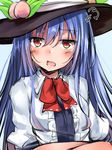  =3 black_hat blue_dress blue_hair blush commentary_request crossed_arms dress food frills fruit hat hinanawi_tenshi leaf long_hair looking_at_viewer neck_ribbon open_mouth peach puffy_sleeves red_eyes red_ribbon ribbon shirt solo touhou upper_body very_long_hair white_shirt wing_collar yuhito_(ablbex) 