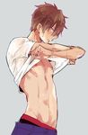  blush boxers brown_eyes brown_hair cowboy_shot ensemble_stars! looking_at_viewer male_focus male_underwear morisawa_chiaki nipples noriko_(komiyama) shirt_lift solo sweat underwear undressing 