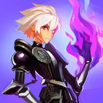  armor black_armor black_gloves blue_background fire gloves glowing glowing_eye gradient gradient_background ilya_kuvshinov looking_at_viewer male_focus odin_sphere oswald_(odin_sphere) red_eyes solo spiked_hair upper_body white_hair 