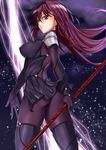  ass black_gloves bodysuit fate/grand_order fate_(series) gloves highres holding holding_weapon kuramoto_keizou long_hair looking_at_viewer purple_bodysuit purple_hair red_eyes scathach_(fate)_(all) scathach_(fate/grand_order) shoulder_armor solo spaulders weapon 
