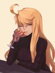  ahoge alcohol alma_(va-11_hall-a) black_sweater blonde_hair cocktail cocktail_glass cup drink drinking drinking_glass glasses long_hair looking_at_viewer mechanical_hand over-rim_eyewear quentin_lecuiller ribbed_sweater semi-rimless_eyewear solo sweater va-11_hall-a wine wine_glass 