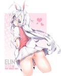  animal_ears ass blue_eyes bunny_ears deathalice elin_(tera) from_behind from_below gloves highres long_hair looking_back looking_down no_panties paw_gloves paws pussy pussy_juice shirt silver_hair skirt solo sweater_vest tail tera_online thighs 