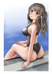  ass black_hair brown_eyes competition_swimsuit from_behind highres looking_back mashinatsu one-piece_swimsuit original poolside sitting solo swimsuit twintails two_side_up 