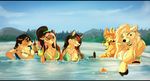  anthro bikini black_hair breasts clothing eyes_closed female group hair male nipples open_mouth outside partially_submerged swimsuit tagme tai_lung_(artist) teeth tongue water 
