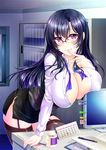  1girl bent_over black_legwear blue_hair blush breast_rest breasts cleavage collarbone computer desk female garter_straps glasses huge_breasts lingerie long_hair looking_at_viewer matsunami_rumi milf miniskirt no_bra office office_lady open_clothes open_shirt original purple_eyes side_slit skirt solo standing thighhighs thighs 