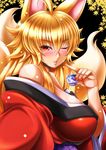  ;) ahoge animal_ears bare_shoulders blonde_hair blush breasts choko_(cup) commentary_request cup drunk floral_print fox_ears fox_girl fox_tail from_side holding holding_cup izuna_(shinrabanshou) japanese_clothes kimono kitsune kittan_(cve27426) kyuubi large_breasts long_hair looking_at_viewer multiple_tails nail_polish nose_blush obi off_shoulder one_eye_closed orange_eyes parted_lips red_nails sash scroll shinrabanshou sidelocks smile solo tail tsurime upper_body 