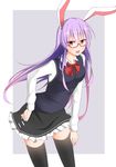 alternate_costume animal_ears bespectacled black_legwear breasts bunny_ears bunny_tail glasses lavender_hair long_hair looking_at_viewer medium_breasts miniskirt open_mouth purple_hair red_eyes reisen_udongein_inaba school_uniform skirt solo tail thighhighs touhou very_long_hair xialuluo_(sharuro) zettai_ryouiki 