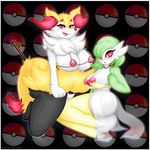  anthro big_breasts braixen breasts butt clothed clothing duo female fur gardevoir green_hair hair kochiyourin nintendo nipples pok&eacute;mon red_eyes skimpy video_games voluptuous white_fur wide_hips yellow_fur 